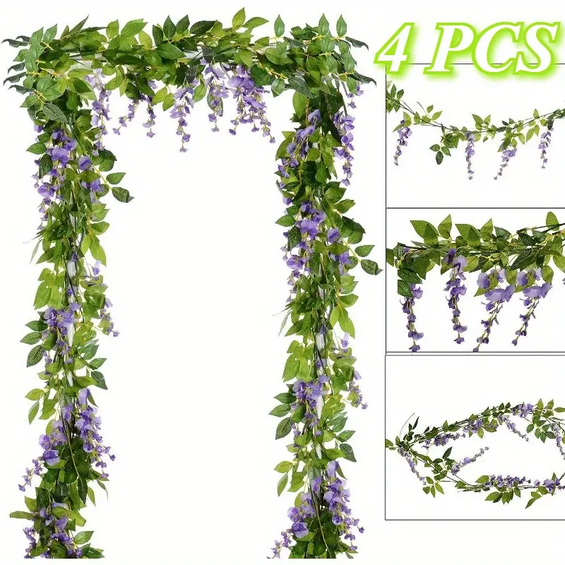 1 Set Fake Wisteria Plastic Garland, 28.8ft Silk Artificial Wisteria Vine Hanging Flowers for Home Garden Wedding Arch Decor, Home Decoration Ornaments (Light Purple), Plants