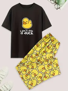 Men's Casual Home Pajamas Sleepwear Set, Duck Print Short Sleeve T-Shirt and Long Pants, Comfortable Summer Wear, Fitted Design, Random Print
