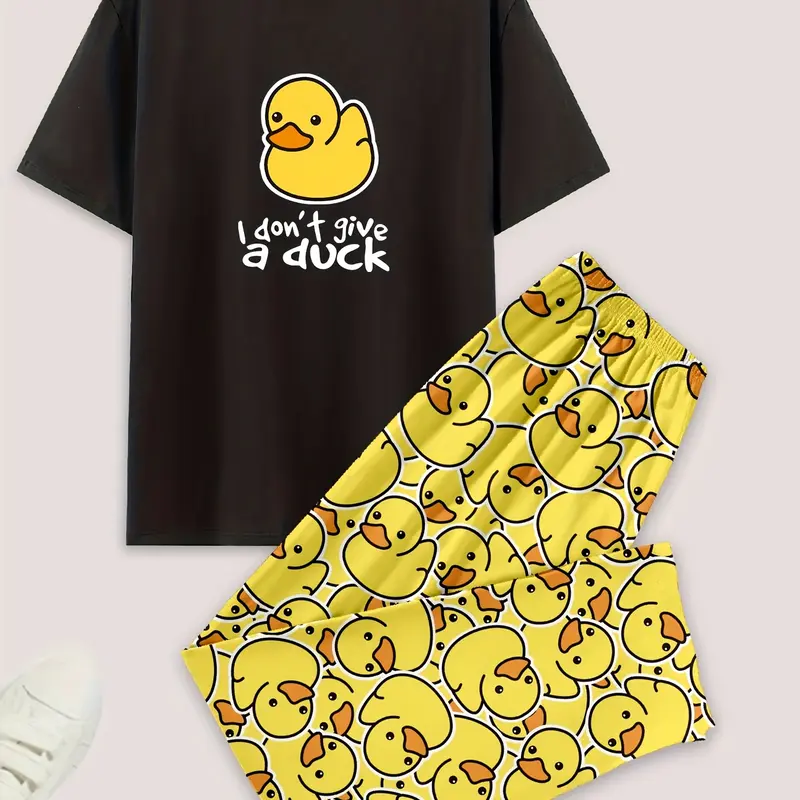 Men's Casual Pajamas Set, Duck Print Short Sleeve T-Shirt and Long Pants, Elastic Waist, Comfortable Summer Sleepwear, Fitted Design, Random Print