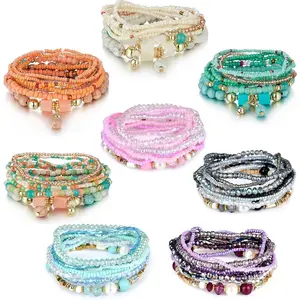 Bohemian Stackable Bead Bracelets Set - 8 Sets Multi Layered Elastic Rope Bracelets with Rhinestones & Acrylic Beads Adjustable Sizes for Women's Fashion Jewelry