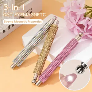 A covered with rhinestones versatile magnetic rods with water droplets, suitable for cat-eye nail polish gel manicures, double-headed magnetic pen magnetic rods, and 3D magnetic nail design accessory tools.