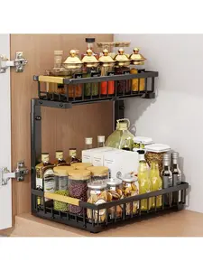 Pull Out Under Sink Organizer, 2-Tier Sliding Metal Build Rack, Space-Saving Storage Solution for Kitchen & Bathroom Cabinets