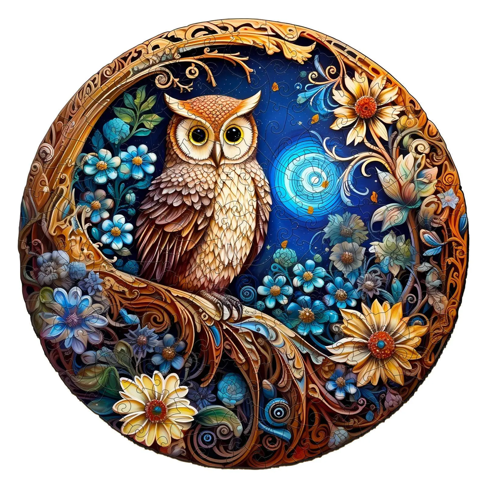 Moonlight Owl Wooden Jigsaw Puzzle for Adults and Kids Unique Shape Animal Wood Puzzles Challenging Puzzle, Family Game Creative Gifts，Laser-Cut Durable HDF Wood Puzzle Round Crafts