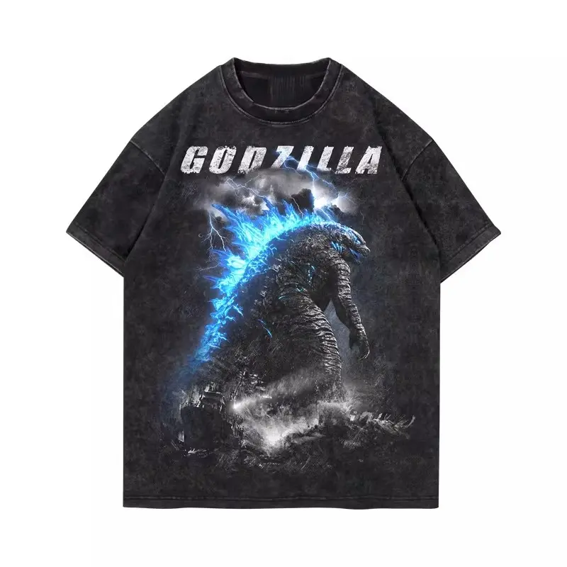 Men's Vintage Streetwear Tshirt with a Retro Kaiju Graphic, Loose Fit Washed Cotton Round Neck Short-Sleeve in Carbon Black, Fitted, Figure