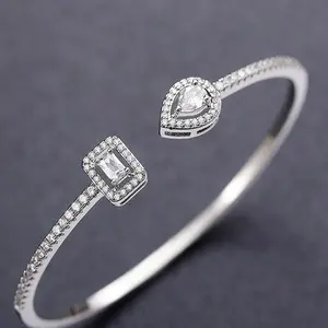 Women's Classic Square Water Drop Synthetic Zirconia Open Design Bangle Bracelet, Elegant Commuter Evening Gift Jewelry