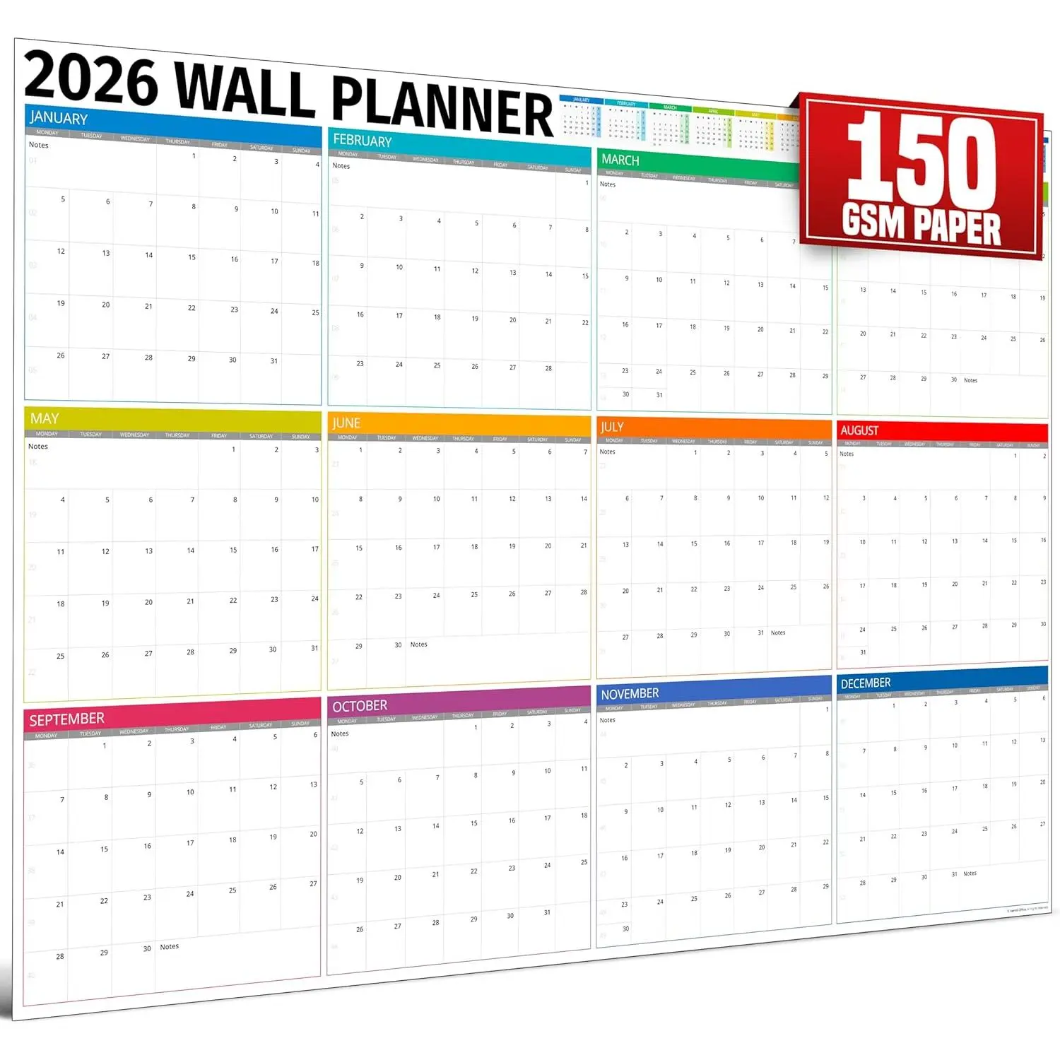 Extra Large 33”x24” Colored 2026 12-Month Full Year Wall Planner, Personalized Calendar Boxes Edition (Home & Festive Party Supplies, Gift Option)