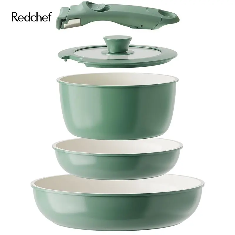 Redchef Removable Handle Pots And Pans Non Stick, Ceramic Cookware Set, RV Cookware Set, Non Toxic Pots And Pans Set No PFAS & PTFE & PFOA, Detachable Pots And Pans, Dishwasher & Oven Safe cookware