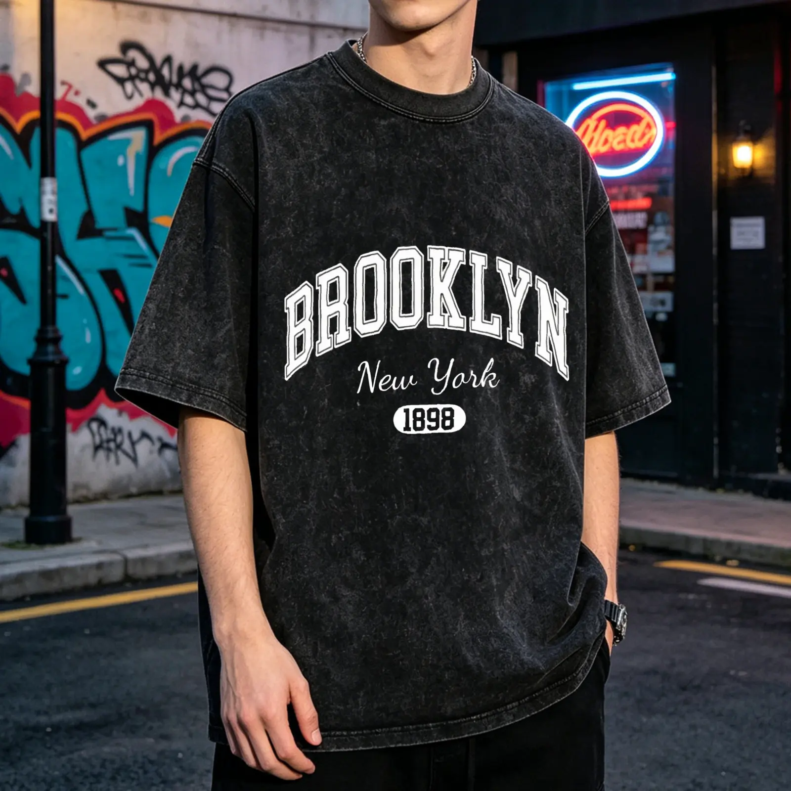 Men's Vintage Washed Brooklyn Graphic Round Neck T-Shirt - Menswear Soft Oversized Streetwear Top, Breathable Casual Short Sleeve Tshirt