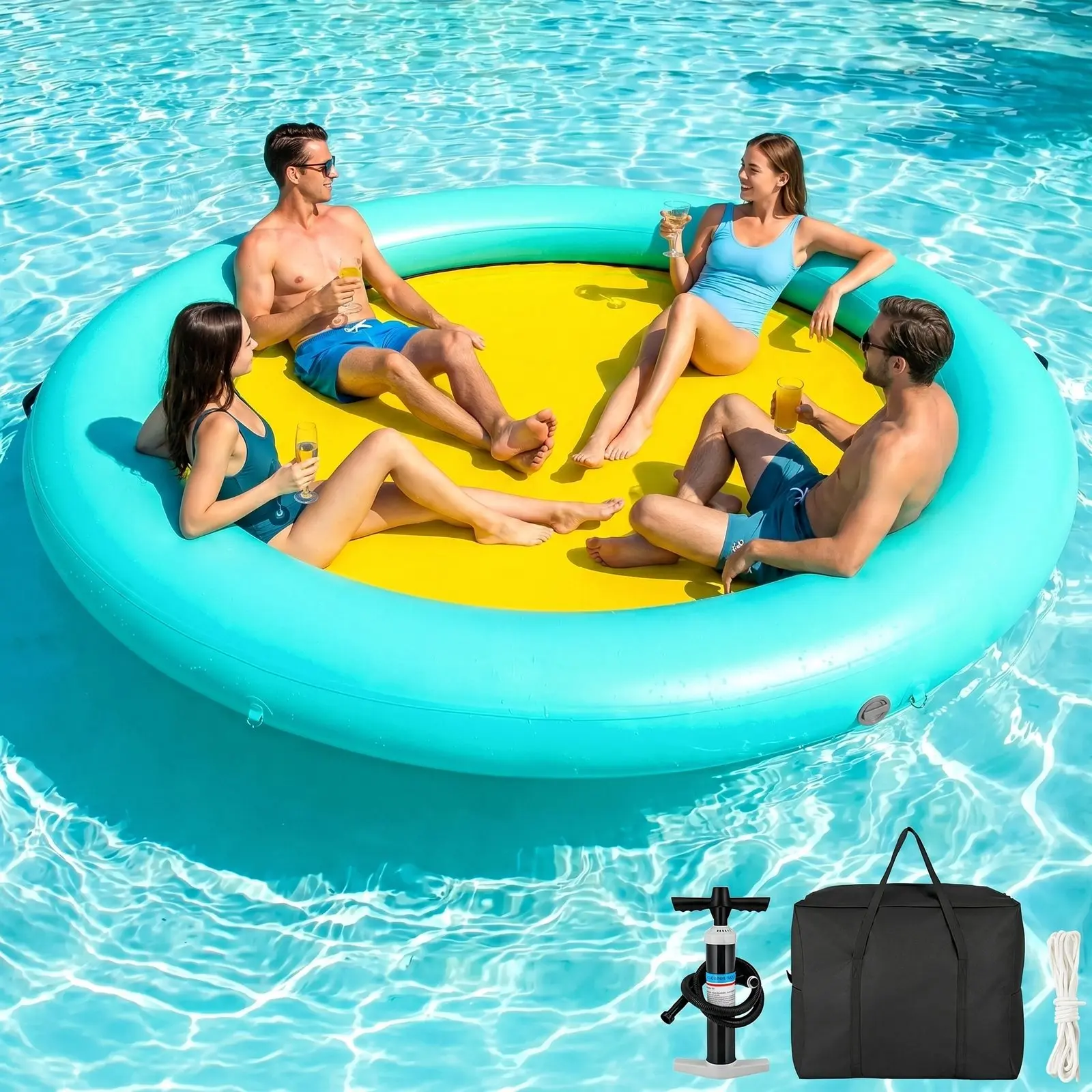 Arlopu 8FT Inflatable Water Hammock, Heavy Duty Round Floating Pool Dock, Portable Sunbathing Tanning Pool Lounger Mat, Raft Platform Boat for Family Adults Party Lake River Beach summerwins