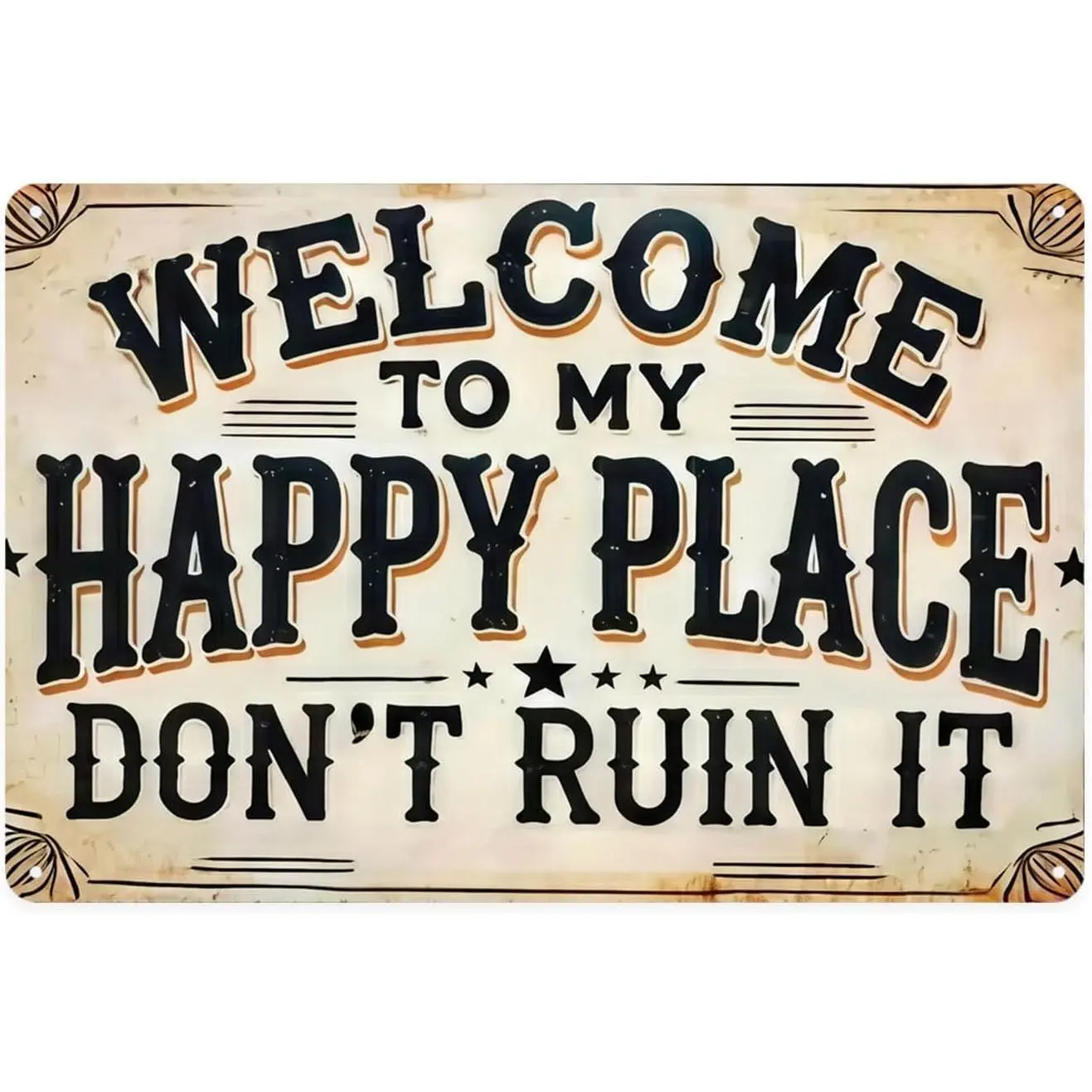 "Welcome to My Happy Place" Decorative Rustic Vintage Cream Metal Wall Art Plaque, 8x12 in Steel Tin Sign, Farmhouse Gender-Neutral Home Decor for Living Room, Bedroom