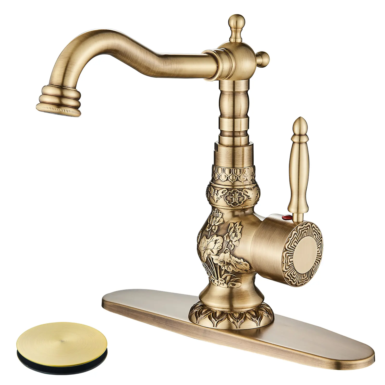 Bathroom Faucet Antique Brass Bathroom Vanity Faucet Single Handle 1Hole Bathroom Sink Faucet Basin with Cover Plate and  Pop up Drain