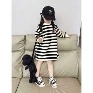 Girls' Striped Long-Sleeve Dresses - Casual Crew Neck, Regular Fit, Spring/Fall Collection, No Belt, No Chest Pad, Casual Attire | Striped Dress | Stretchy Fabric, Dresses for Girls