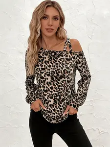 A women's leopard print off-shoulder long-sleeve top, featuring slightly fitted cuffs on the long sleeves, with a mature, sexy and casual style, perfect for daily outings, dates, and light commuting. Womenswear
