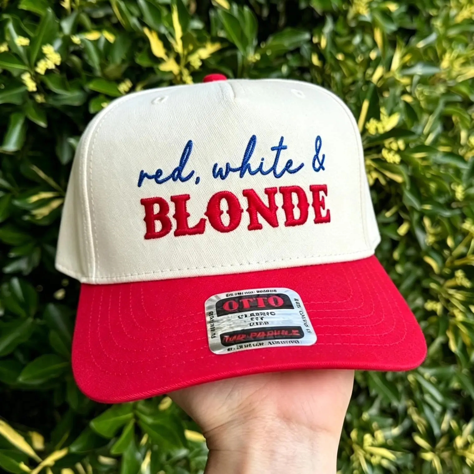 Women's Red White & Blonde Adjustable Cotton Trucker Hat - Breathable Classic American Aesthetic USA Patriotic Summer Party Hat with Letters, Female Teacher Appreciation Gift