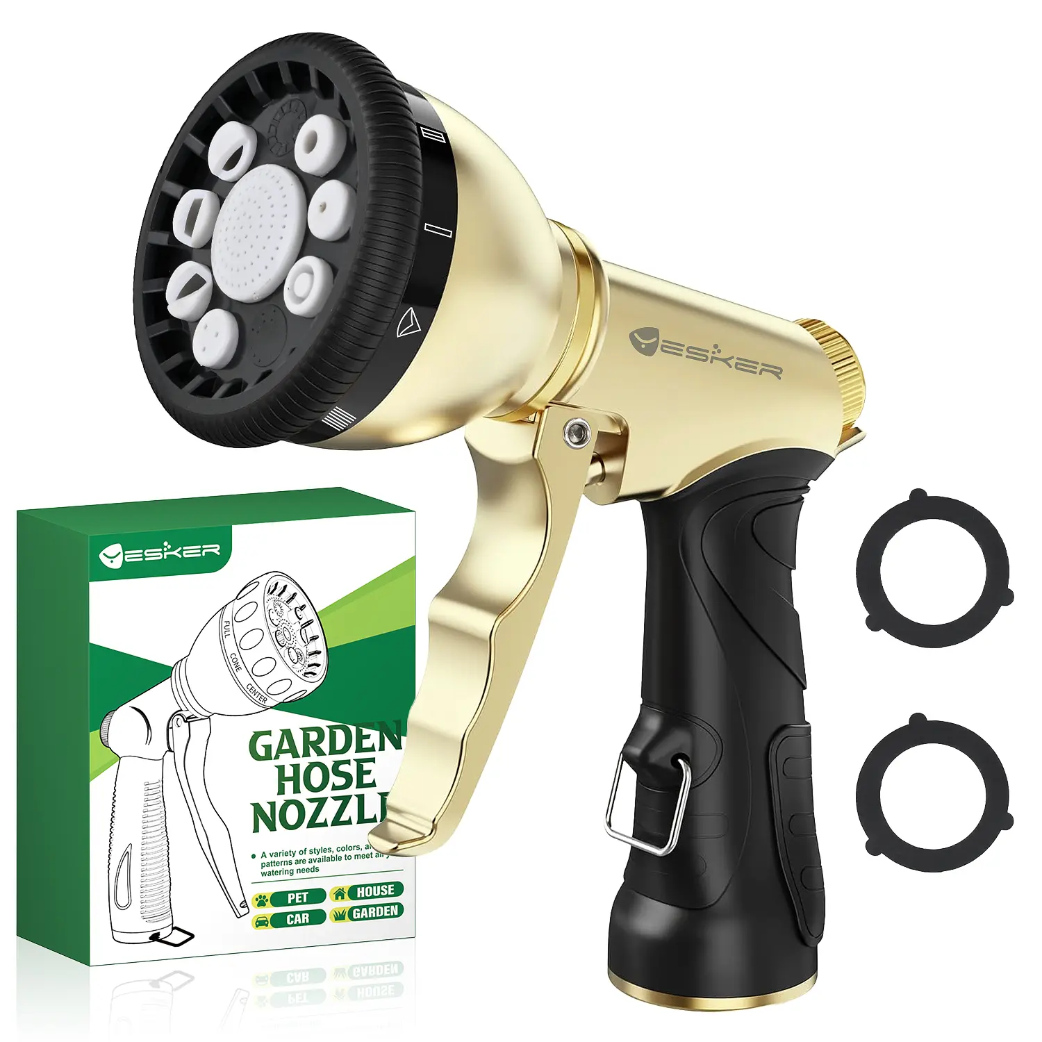 Yesker Garden Hose Nozzle, Water Hose Sprayer Nozzle Adjustable 9 Spray Patterns Heavy Duty Metal Water Nozzles for Hose Outdoor with Non-Slip Rubber Grip for Watering Plants Lawns Washing Cars Pets