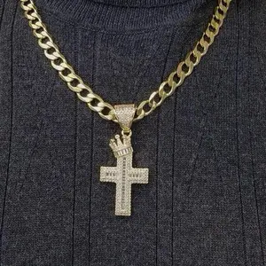 ViOrO 14K Gold Plated 8mm Cuban Link Chain with Cross Pendant for Dairy Use. Electro Laminated Premium Jewelry