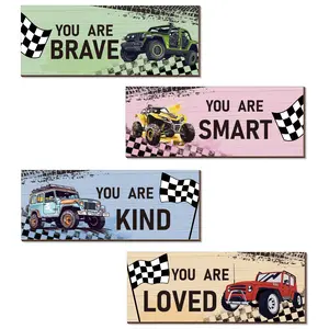 Truck Pattern Wooden Hanging Sign, 4 Counts/set Motivational Quotes Decor, Wall Art for Boys' Bedroom, Nursery, Playroom, Perfect Gift for Kids & Toddlers, Wooden Home Sign