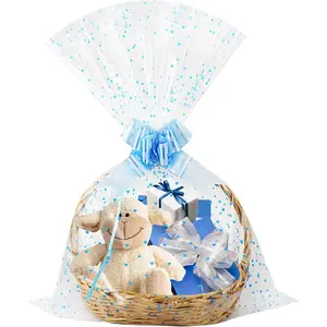 Large Cellophane Bags, Blue Heart Clear Wrap for  Basket, 22x33 Inches,10 Pieces Cellophane  Bags