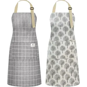 2 Pack  Cooking Aprons, Adjustable Bib Soft Chef Apron with 2 Pockets for Men Women (Gray Stripe/Gray Trees)