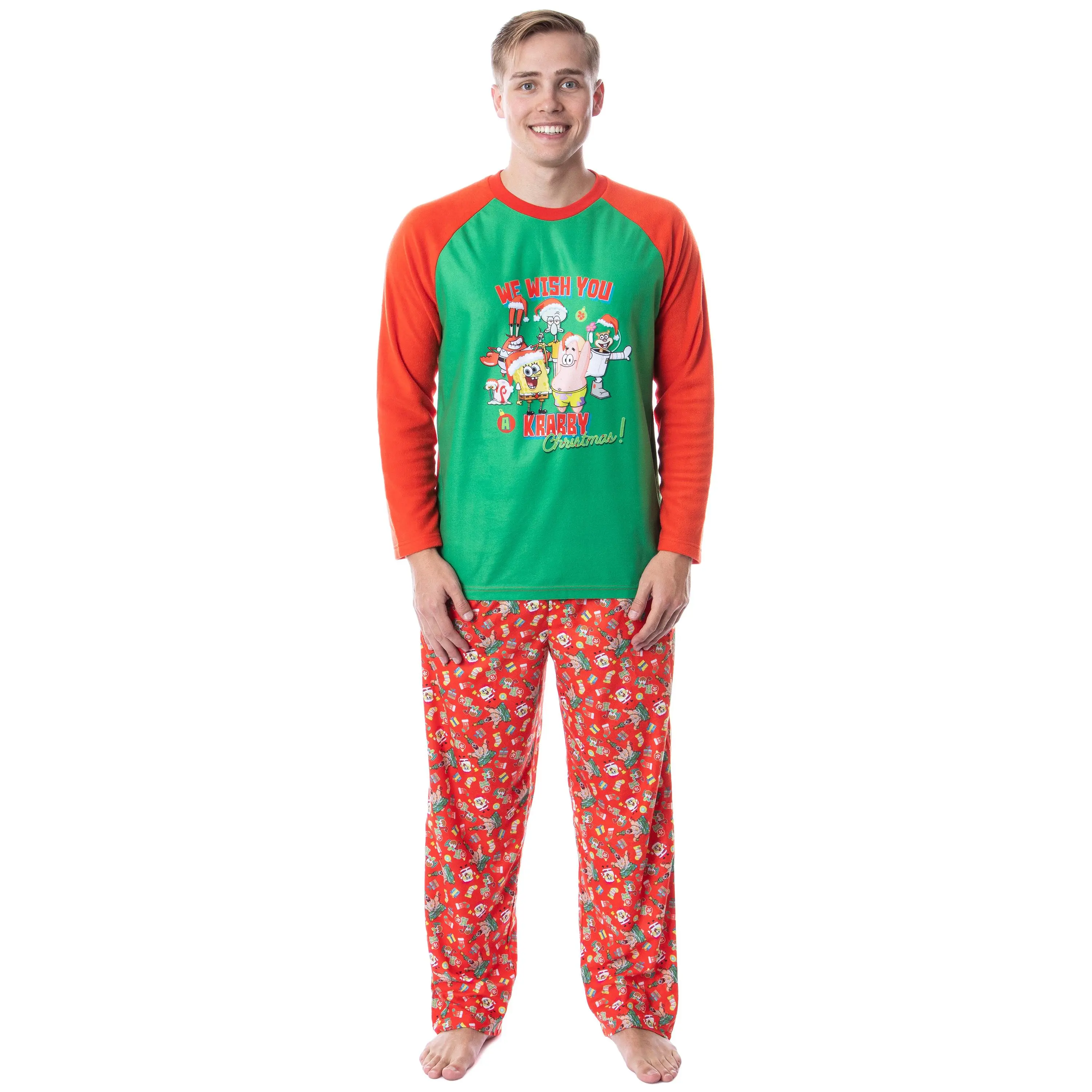 PJammy Men's Nickelodeon SpongeBob Krabby Christmas Pajama Set, 2-Piece Long Sleeve Polyester Nightwear with Pockets, Love, Original, Fabric