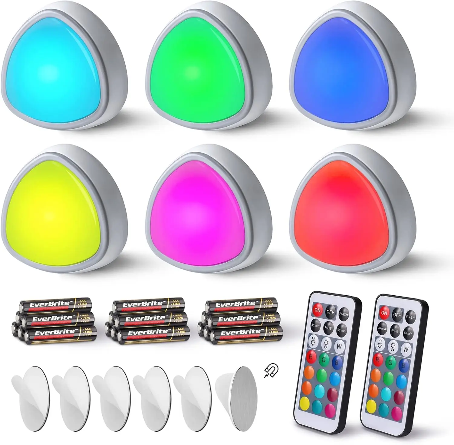 6-Pack LED Puck Lights - Wireless Remote Controlled Tap Lights with 12 RGB Colors, 18 AAA Batteries, LED Lighting for Under Cabinet, Closets