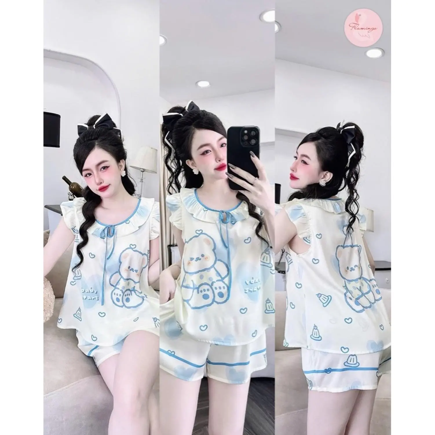 Blue Color M Size Pajama Set with Bear Print and Heart Patterns