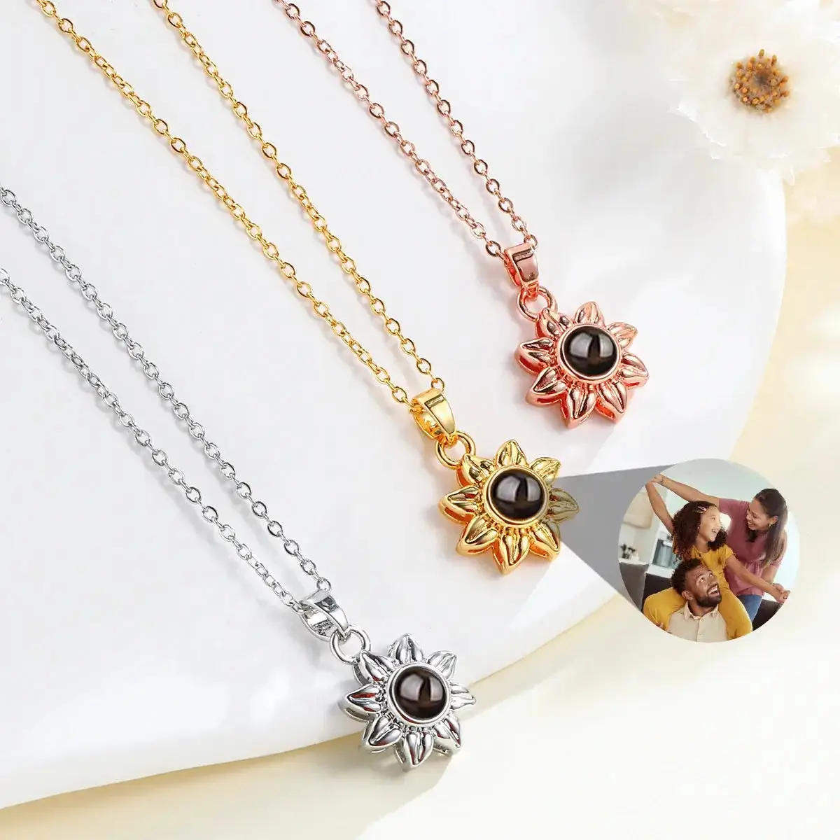 Personalized Projection Photo Necklace Custom Sunflower Pendant Special Heartfelt Unique Accessory Jewelry with Custom Photo Inside