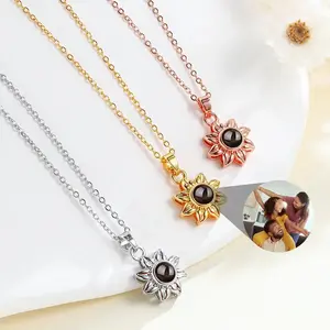 Personalized Projection Photo Necklace Custom Sunflower Pendant Special Heartfelt Unique Accessory Jewelry with Custom Photo Inside