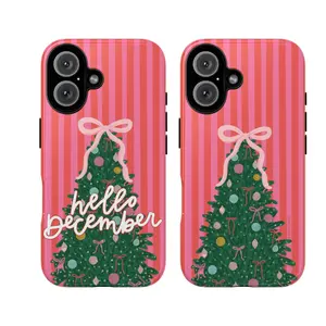 Christmas Tree Tough Phone Case, Cute Pink Striped Holiday Protective Cover for ip and ss, gift for fans