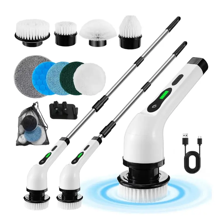 Electric Spin Scrubber Cordless, 25W 500RPM Power Scrubber, 9 Replaceable Heads for Shower Tile Grout, Waterproof Scrub Brush with Extension Handle, Dual-Speed Bathroom Kitchen Floor Cleaner