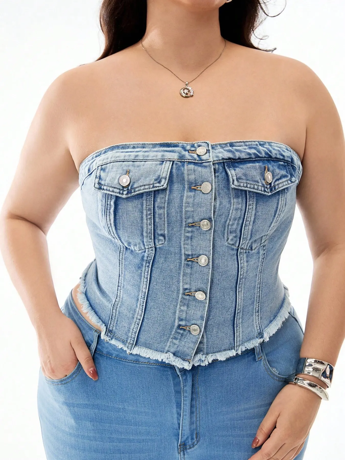 Plus Size American Retro Denim Crop Tank Top, Bandeau Cropped Tops, Casual Summer Sleeveless, Sexy Slim-Fitting Casual Chic Tube Top, Solid Color Backless Design, Perfect for Summer Fashion, Womenswear