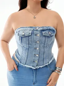 Plus Size American Retro Denim Crop Top, Sexy Slim-Fitting Chic Tube Top, Solid Color Backless Design, Perfect for Summer Fashion, Womenswear