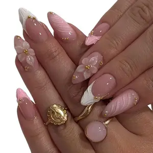 Medium Long Almond French Nail Stickers, 24pcs Acrylic False Nails Set, Easy Wear Gel Petal Design, Flower Design Nails, Elevate Your Style