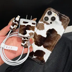 5-Piece Set with Clear Airbag Farmer Cow Pattern, Includes Charger Case, 2 Data Cable Sleeves, Silicone Data Cable Tie, Compatible with iPhone 17 16 15 14 13 12 11 X XS XR Pro Max Plus Air, Cover, Accessories, Casing, Protector, Protection