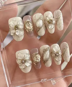 3D Flower Gold Chrome Press On Nails: Handmade Faux Acrylic Gel Nails