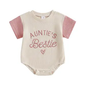 Infant Baby Girl Bubble Romper Contrast Color Auntie's Bestie Embroidery Waffles Short Sleeve Onesie Bodysuit Jumpsuit