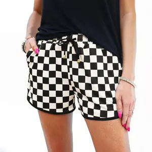Women's Checkered Adjustable Drawstring Elastic Waist Casual Shorts 2025 with Pockets Fitted  Wear,Womenswear
