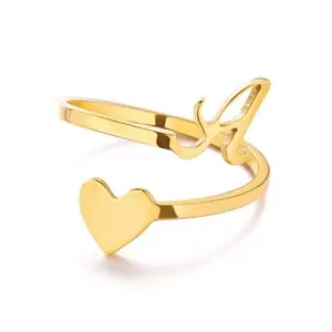 GGIRL Fashionable Adjustable Stainless Steel 26 Letters Alphabet A-Z Initial Heart Ring For Women&Girl ,Elegant Cute Romantic Gift For Her On Birthday/Valentain's Day