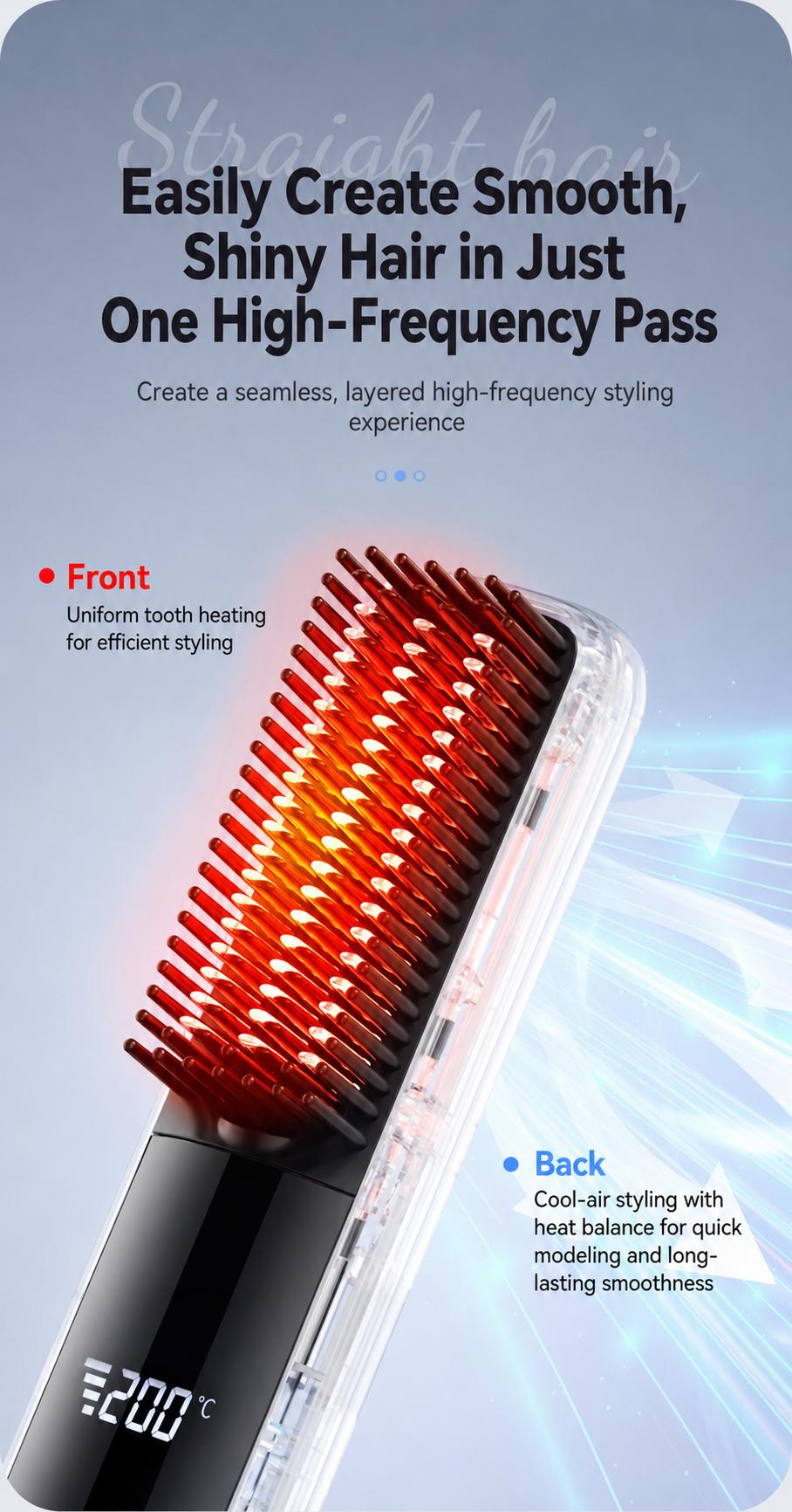 Lightweight Hair Straightener Brush with MCH Rapid Heating, 3 Temp Levels & Cool Air Styling, Fast Charging Travel Ready Hair Tools with Digital Display, Adjustable, Cordless, Anti-Frizz, Dual Voltage, Smooth, Straightening Curly Hair
