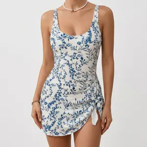 Elegant Vintage Blue & White Toile De Jouy Swimdress | Asymmetric Tie Skirt One-Piece | French Girl Vacation Vibe,vacation swimwear for women,bathing suits for the summer,swim sets for women,women's swimsuits