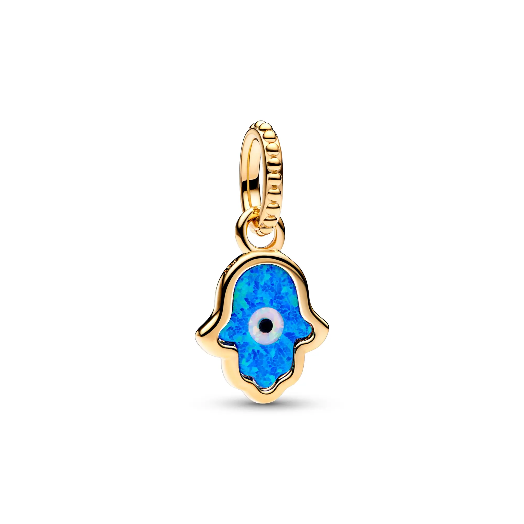 PANDORA Opalescent Blue Hamsa Hand Dangle Charm, 14kt Gold-Plated with Openwork Sun Ray Design, a Symbolic Dangling Hand to Defend Against Evil