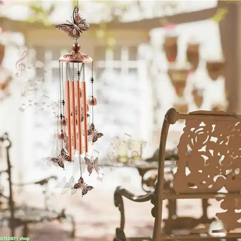 Vintage Design Retro Scroll Cutout Butterfly Chime - Aluminum Sound Tubes, Copper Bells, Outdoor Balcony Window Decor, Soothing Melody Metal Ornament, Floral Style Holiday Present for Luggage & Bag Charms