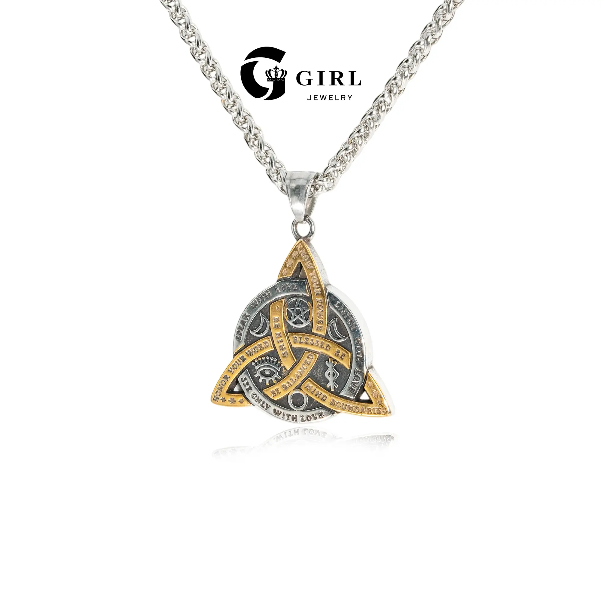 GGIRL 18K Gold Plated Stainless Steel Celtic Viking Knot Triquetra Pendant Necklace for Men Women, Hypoallergenic Waterproof Unique Design Double Sided Fashion Jewelry Gifts for Daily Protection Spiritual Summer Parties Holiday Birthdays Anniversaries