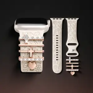 One-of-a-Kind Gold Cross Floral Charm Band for Apple Watch 38–42mm – Soft Dressy Silicone Strap with Flower Engraving & Cute Pendant for iWatch Women