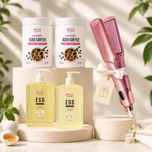 Bella All Natural Coffee & Hair Glow Bundle: 2 Iced Coffee Probiotics + Egg Shampoo & Conditioner + Free Flat Iron