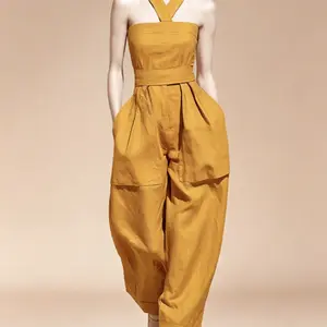 2026 Summer New Solid Color Cross Halter Neck with Pockets Loose Fit Women's Romper, Stylish and Comfortable One-Piece