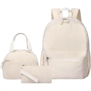 Backpack for Girls Corduroy Teen Girls Backpack with Lunch Box  School Backpacks Bookbag for Middle Elementary School Lightweight Daypack and Lunch Box Set Beige
