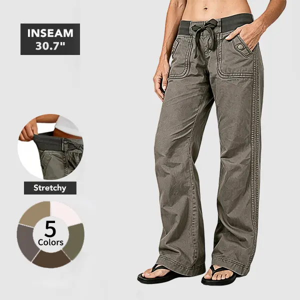 Flamingals Solid Seam Detail Drawstring Mid Rise Straight Leg Pants High Stretch Fabric Women's Wear Minimalist Fit Basic Style Multiple Colors