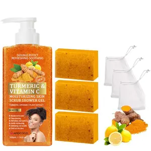 Turmeric Vitamin C Scrub Shower Gel+Turmeric Soap Set for Moisturizing, Cleansing, and Radiant Skin Cleansing with Natural Fragrance