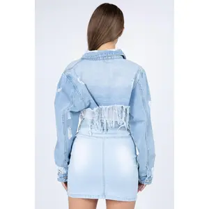 American Bazi Distressed Denim Jacket with Frayed Hem